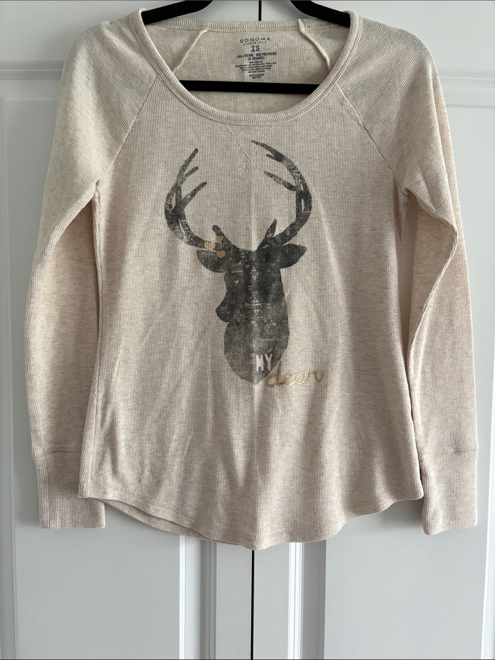 Sonoma  “My Dear” Moose 🫎 Beige Knit Tee Top Size XS
